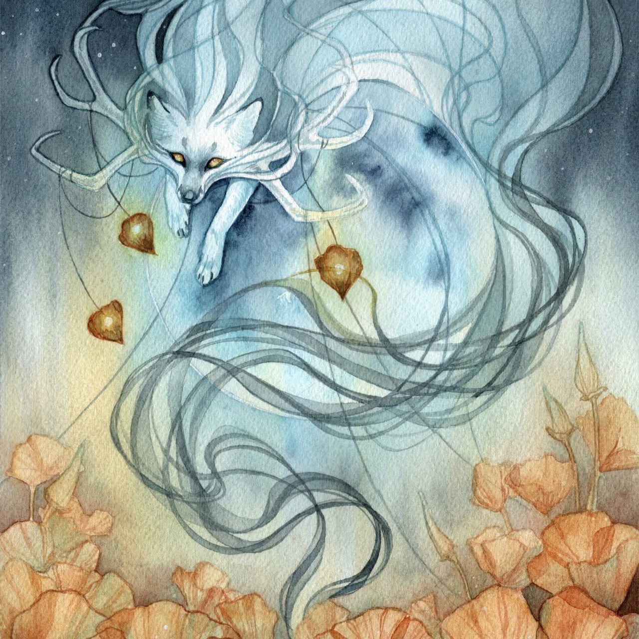 Fantasy illustration of a white spirit fox with flowing tails above glowing lanterns and flowers