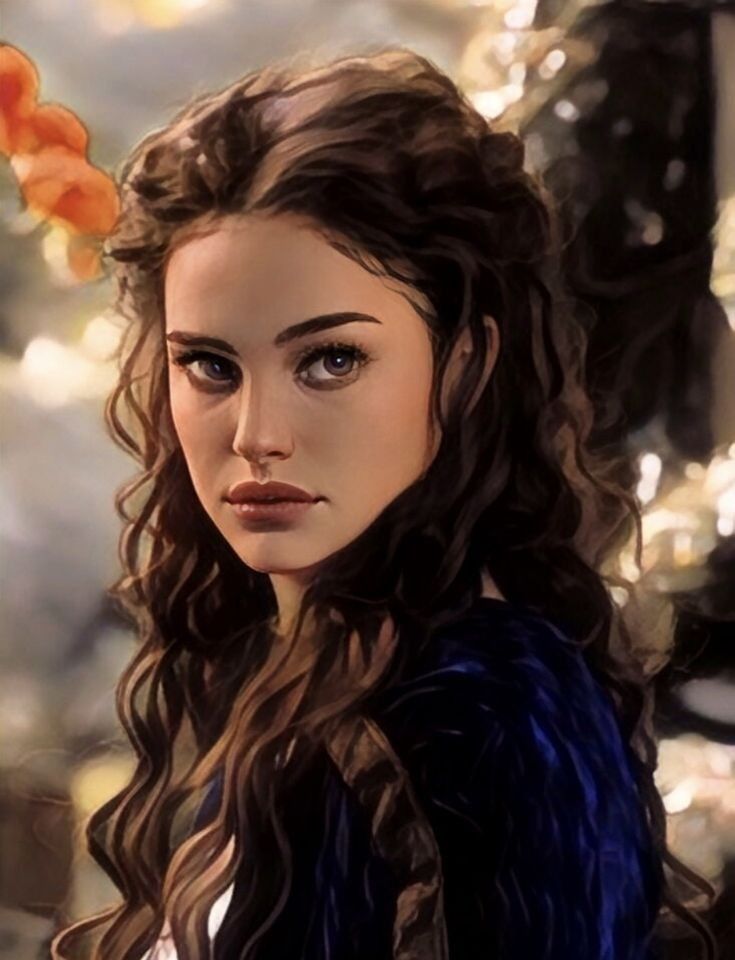 Portrait illustration of a woman with long brown hair and blue eyes in dark blue attire