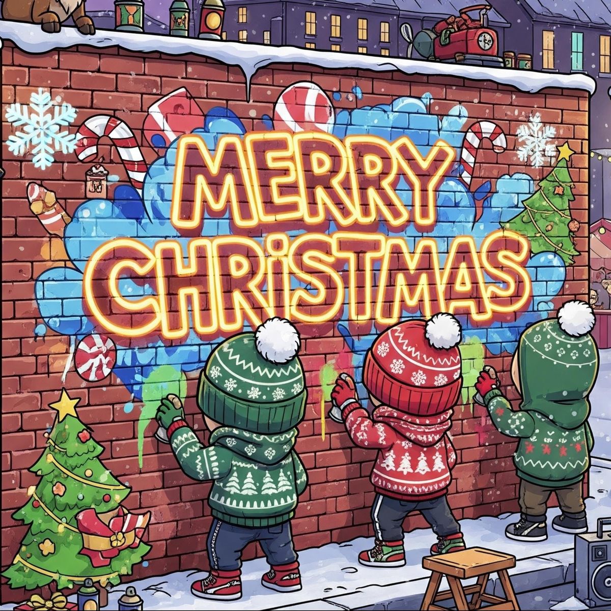Three kids in Christmas sweaters spray painting Merry Christmas graffiti on brick wall with festive decorations