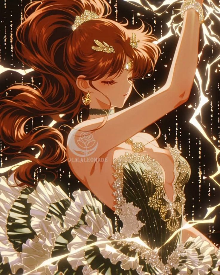 Sailor Jupiter anime character with red hair and white ruffled gown surrounded by lightning bolts