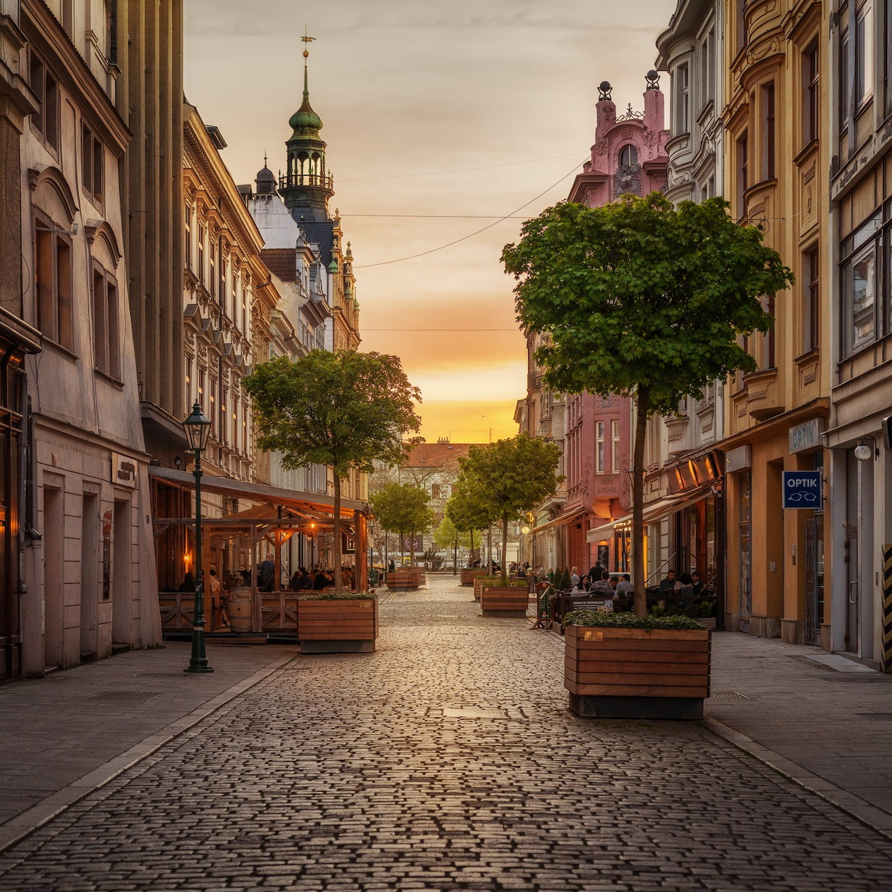 Quiet cobblestone street in Pilsen lined with historic buildings and trees at sunset
