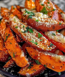 Parmesan Garlic Roasted Sweet Potato Wedges