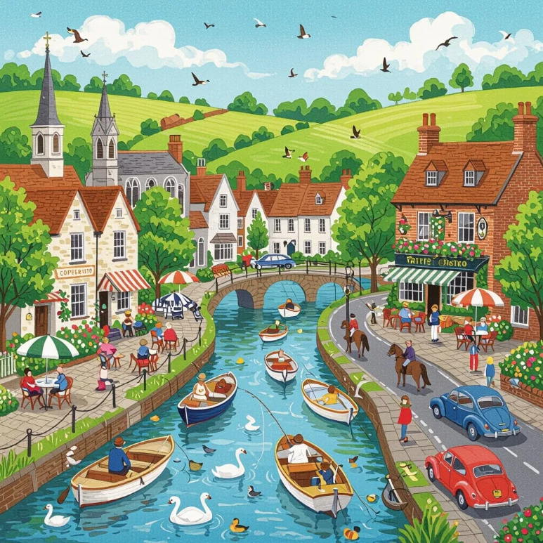 Illustrated village with canal, boats, churches, houses, people at outdoor cafes, rolling green hills in background