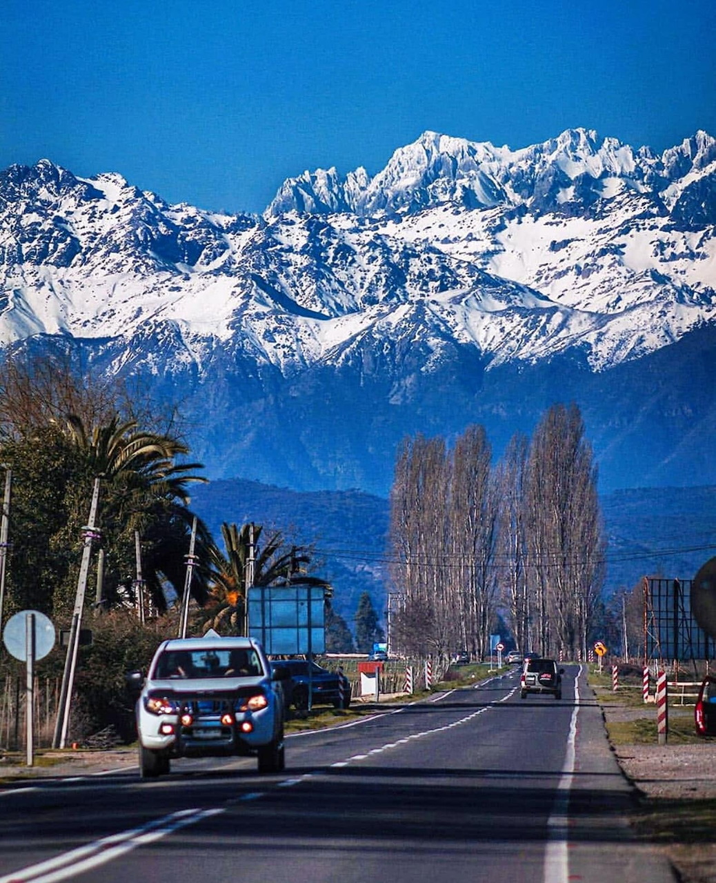 Highway with cars and trees leading toward snow-covered Andes mountains under blue sky in Chile