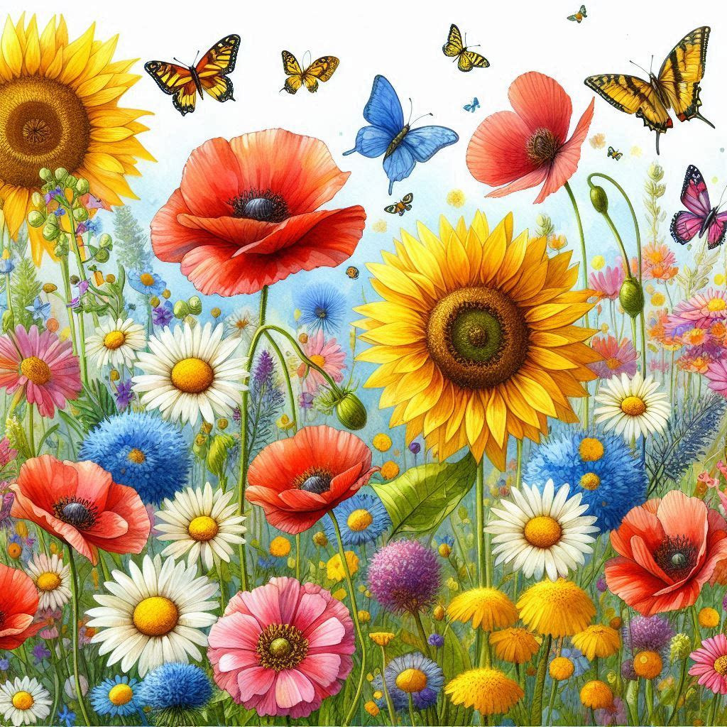 Colorful wildflower garden with sunflowers, poppies, daisies and butterflies