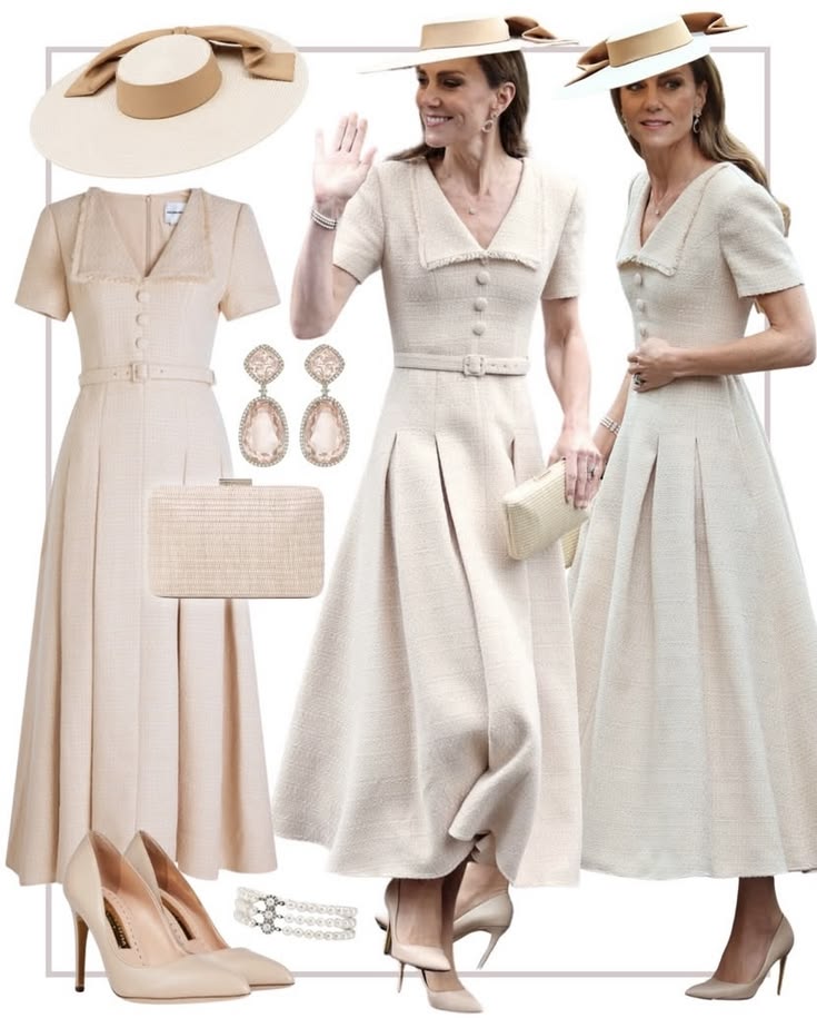 Elegant cream outfit collage with dress, heels, hat and accessories on white background