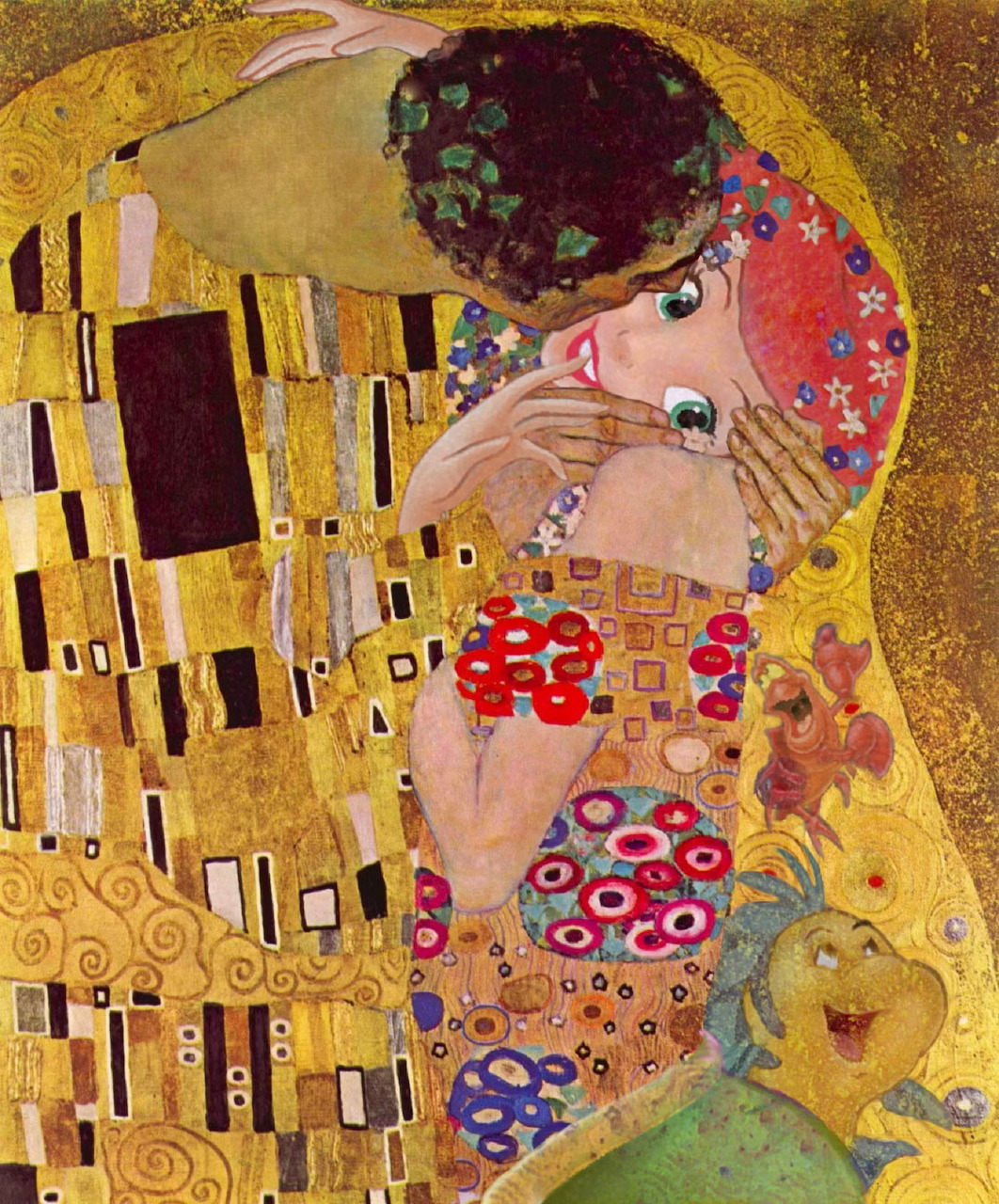Klimt-style painting of The Kiss fused with The Little Mermaid, gold patterns and colorful floral details
