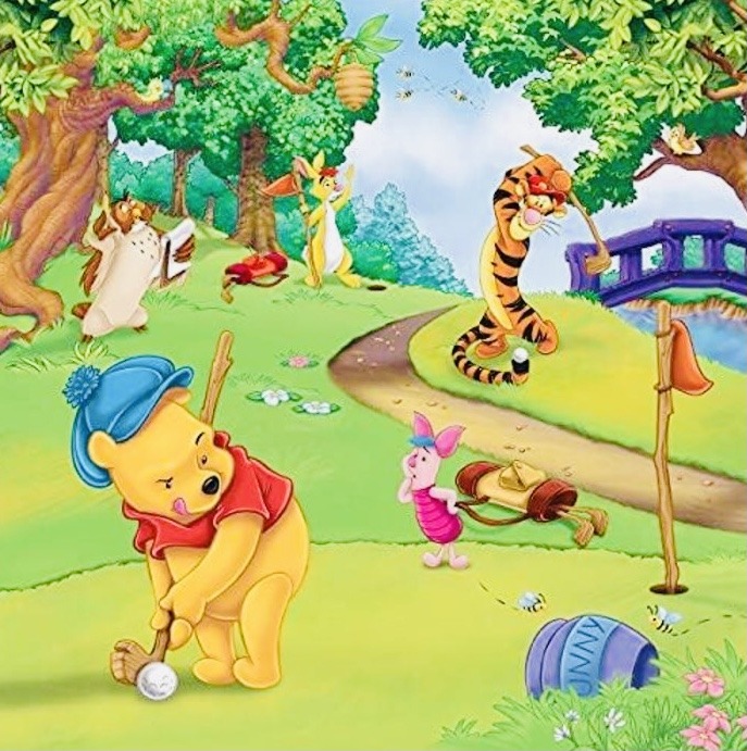 Winnie the Pooh and friends playing in a sunny outdoor scene with trees and flowers