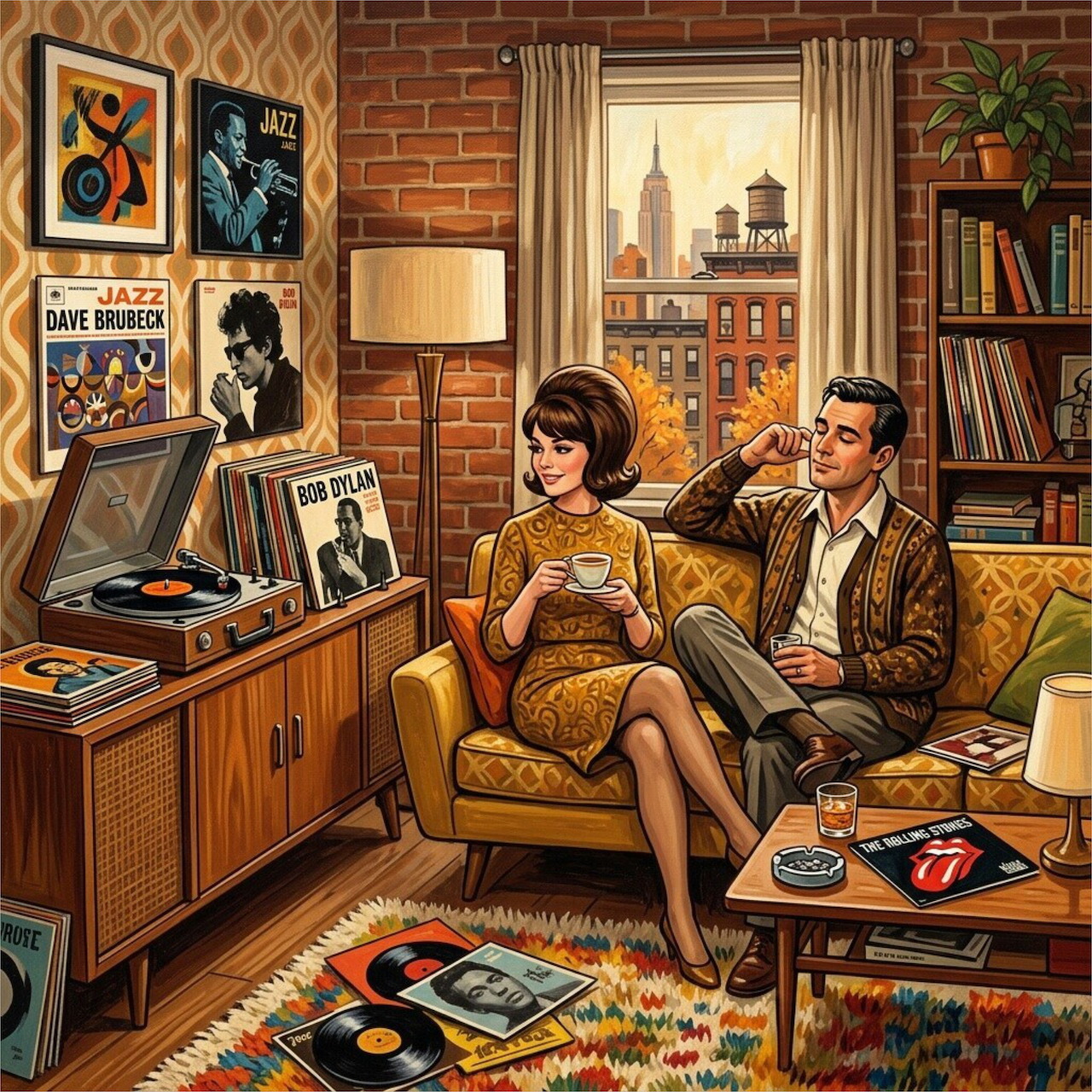 Couple in 1970s styled living room with brick walls, vintage furniture, and record player