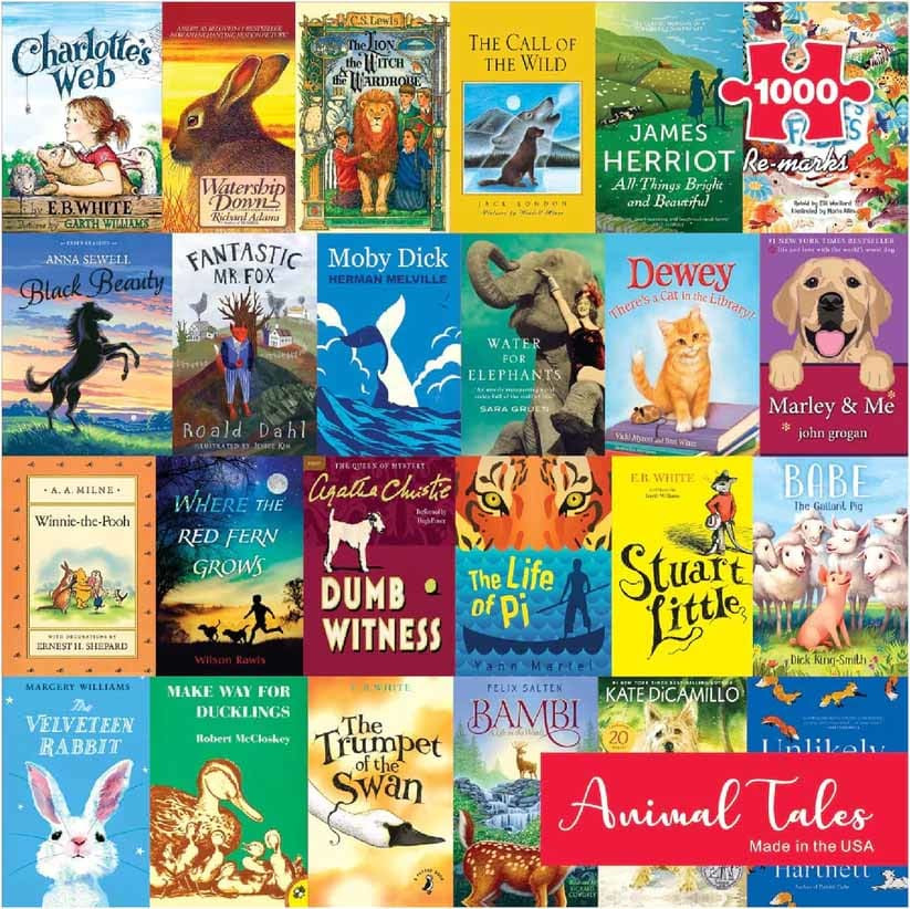 Collage of animal-themed book covers in a colorful grid with an Animal Tales label