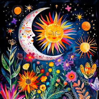 Colorful sun and moon faces with flowers and stars in night sky