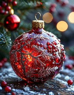 Red Christmas ornament with berry pattern on snowy wood near pine branches