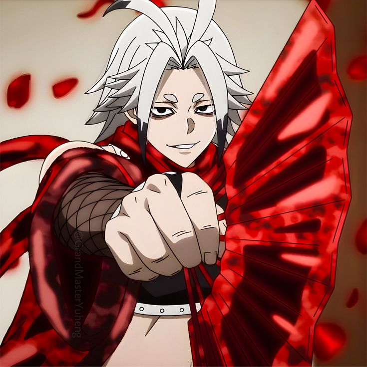 White-haired anime character in black uniform pointing forward with flowing red fabric behind them