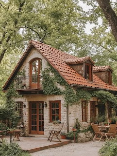Small brick cottage with red tile roof and ivy, nestled in a green garden with trees and patio furniture