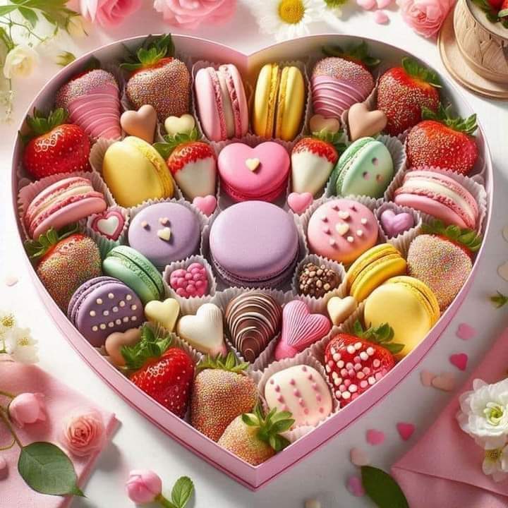 Heart-shaped pink box filled with colorful macarons, strawberries, and assorted decorated desserts