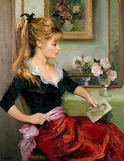Oil painting of a young woman with blonde hair reading a letter beside pink roses in a vase