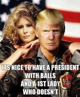 Meme-style image of Donald Trump and a woman in front of a U.S. flag with overlaid caption text.
