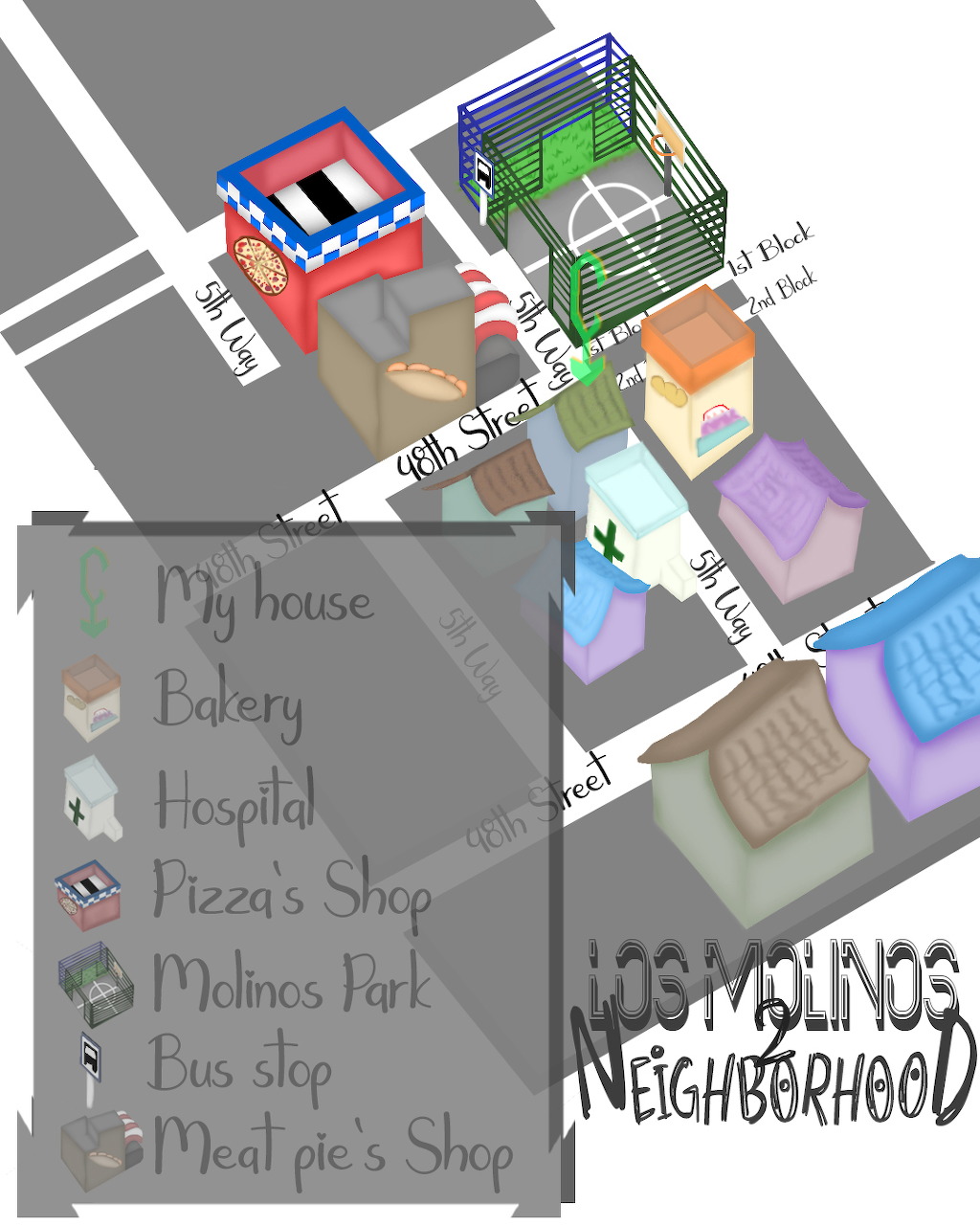 Cartoon illustrated neighborhood map of Los Molinos with labeled buildings and streets