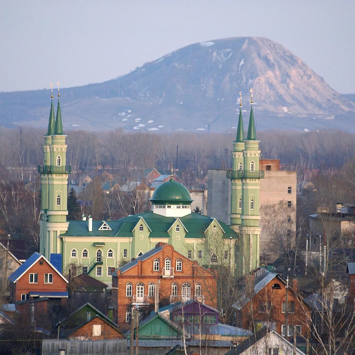 Green mosque with twin minarets among village houses, with a mountain in the background