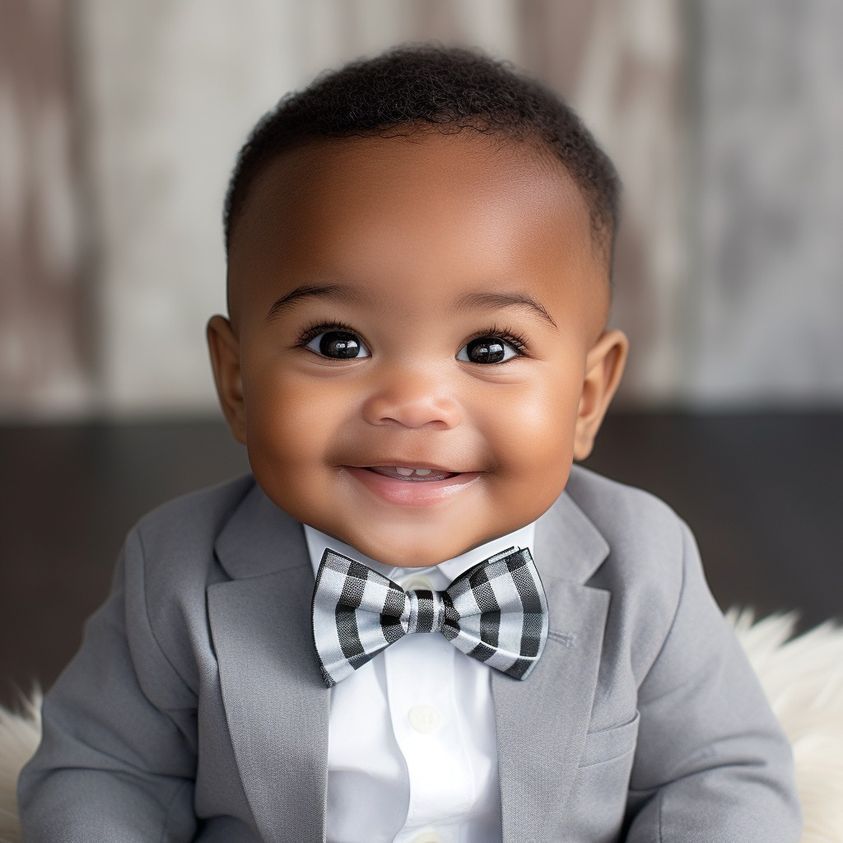 Smiling baby boy wearing a gray suit and plaid bow tie in an indoor portrait
