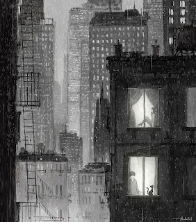 Black and white illustration of a rainy city with buildings and a cat silhouette in a lit window