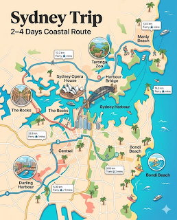 Illustrated map of Sydney coastal trip route showing landmarks like Opera House, Harbour Bridge, and Bondi Beach