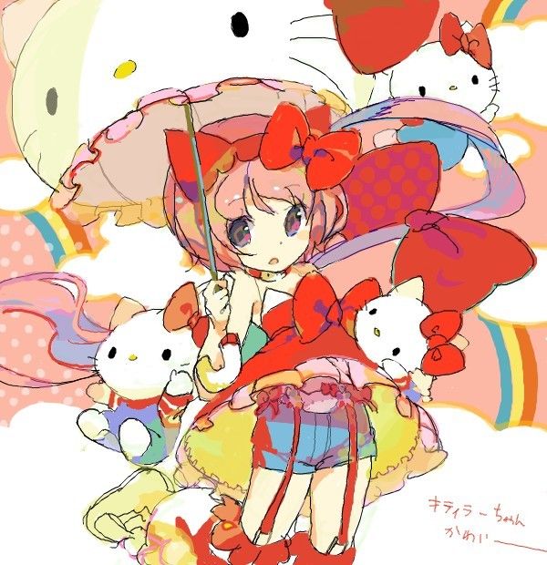 Anime girl Nekomura Iroha with umbrella and cute white cat characters in a colorful pastel illustration