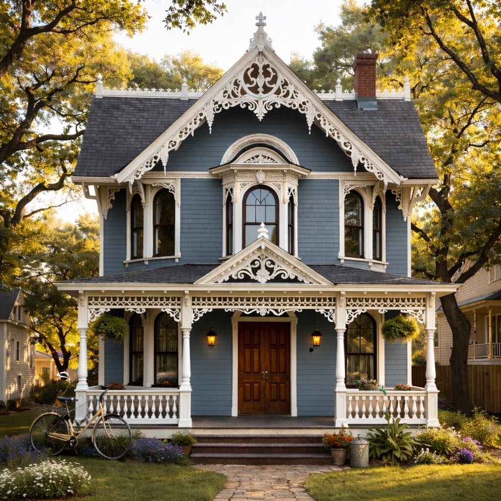 Blue Victorian house with white decorative trim and front porch in autumn setting