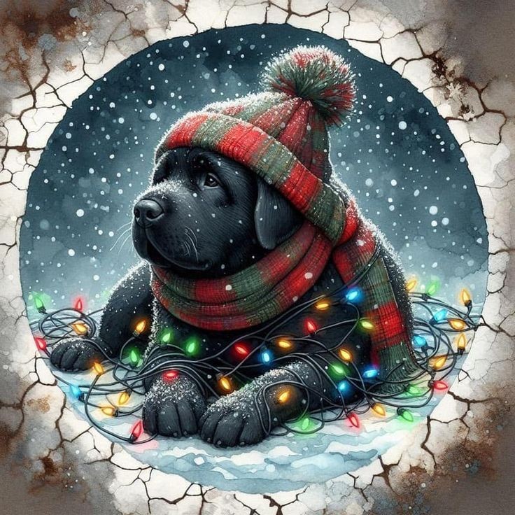Winter Puppy with Christmas Lights