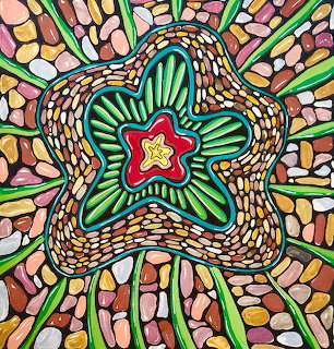 Abstract colorful mosaic star pattern with black outlines and pastel shapes