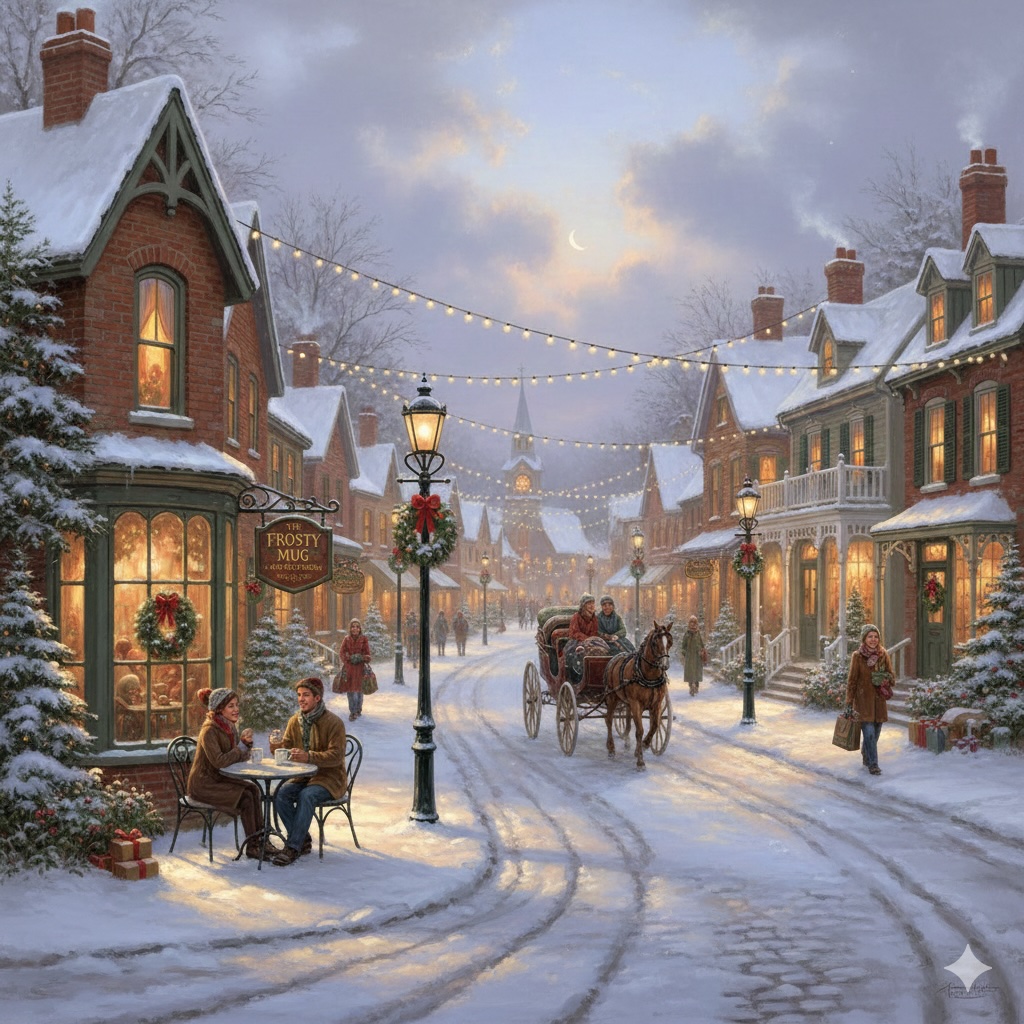 Snowy Christmas village street with lights, wreaths, and a horse-drawn carriage at dusk