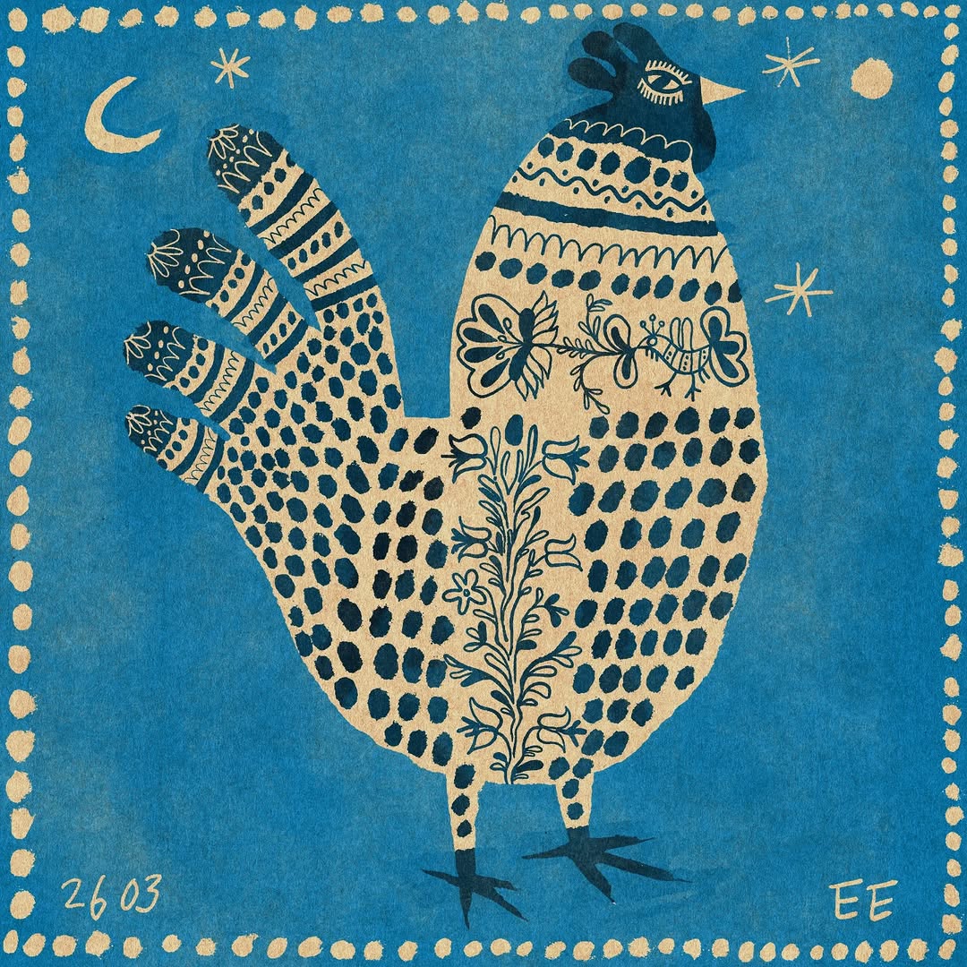Stylized rooster with geometric patterns and dots on blue background with crescent moon and stars