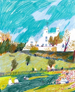 Painting of a white church and buildings in a grassy landscape under a blue sky