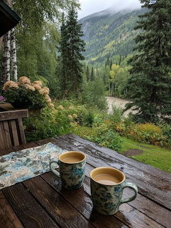 Two coffee mugs on a weathered wooden table with a mountain and forest view from a cabin deck