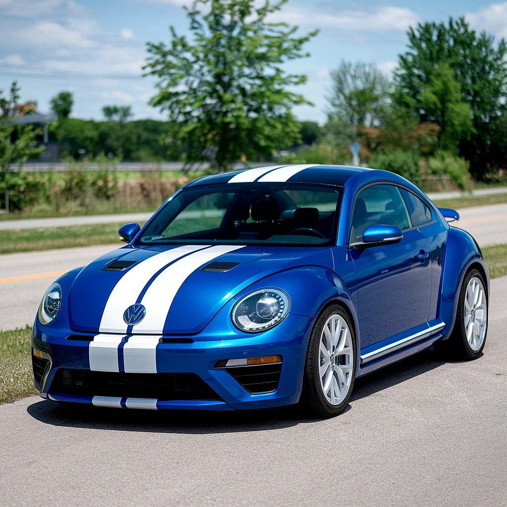 Blue Volkswagen Beetle with white racing stripes on a tree-lined road
