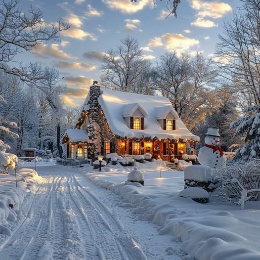Snowy Christmas Cottage at Dusk