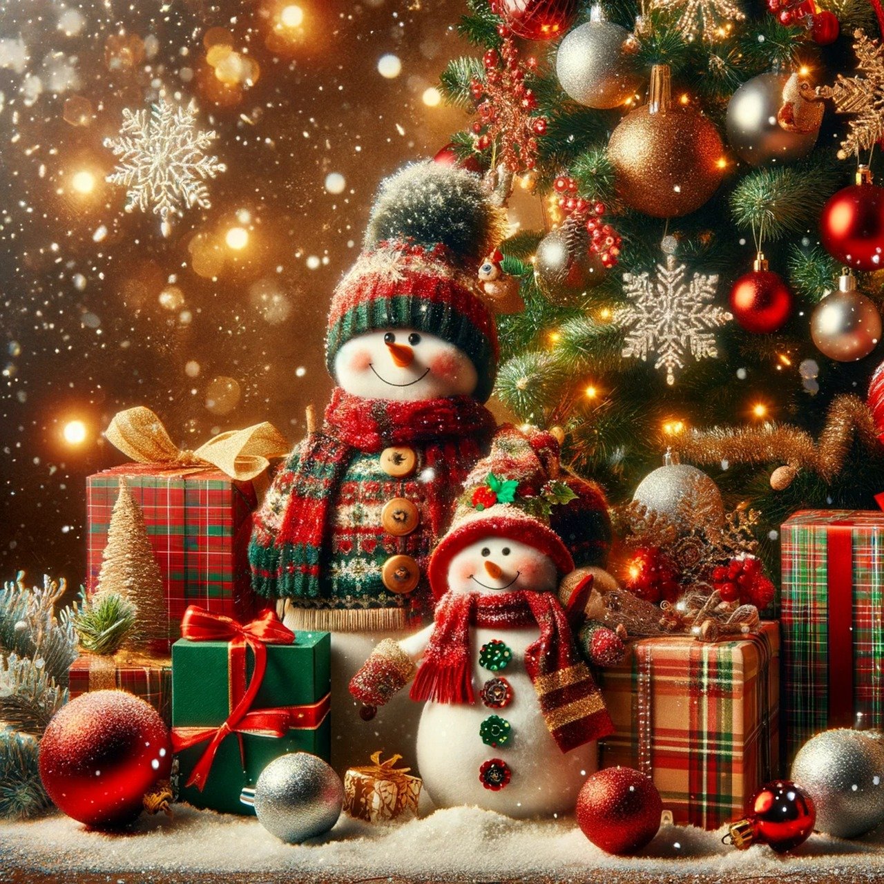 Two snowman figurines with gifts beside a decorated Christmas tree and ornaments