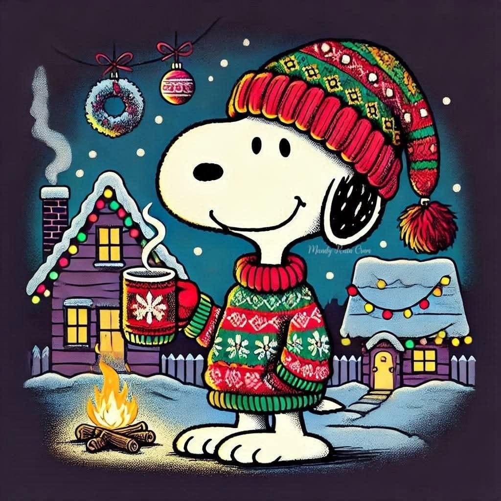 Snoopy wearing a red and green Christmas sweater and patterned winter hat standing in a snowy village with lit houses