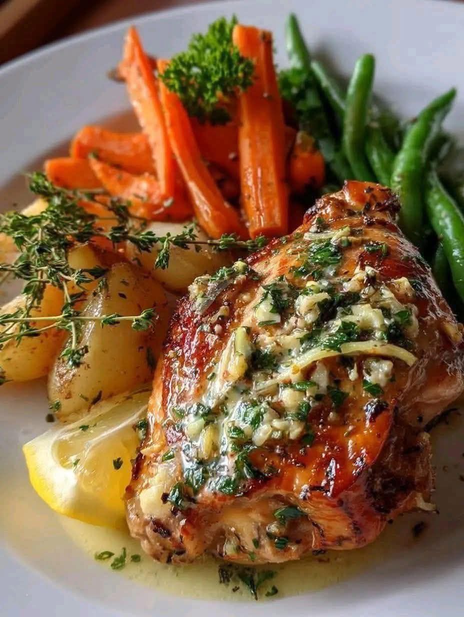 Herb-crusted roasted chicken with carrots, green beans, and potatoes on a white plate