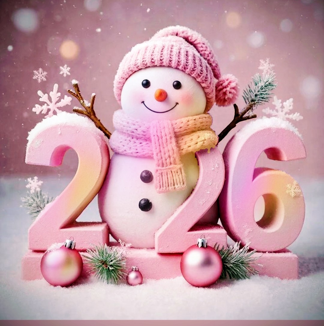 Cute snowman between pink 2026 numbers with ornaments and snowflakes