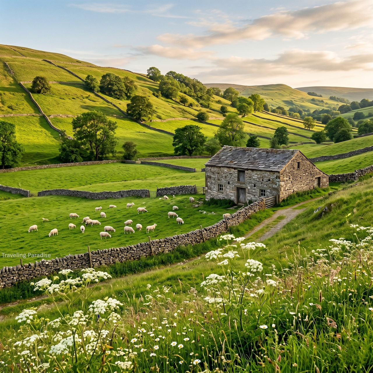 Stone farm in rolling green Yorkshire hills with sheep, stone walls, and wildflowers