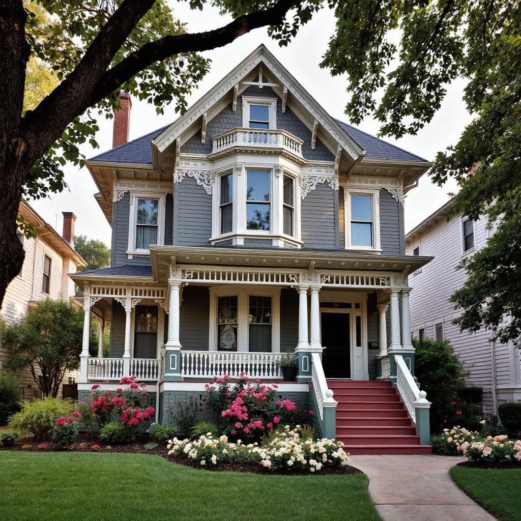 Gray Victorian house with white porch, red stairs, and flowering garden beds framed by trees