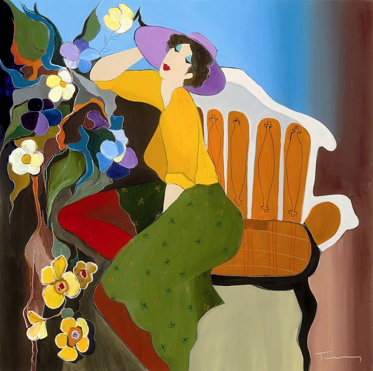 Modernist painting of woman in yellow top and green skirt sitting beside flowering vines near a window