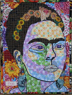 Colorful collage portrait of Frida Kahlo with flower crown and patterned textures