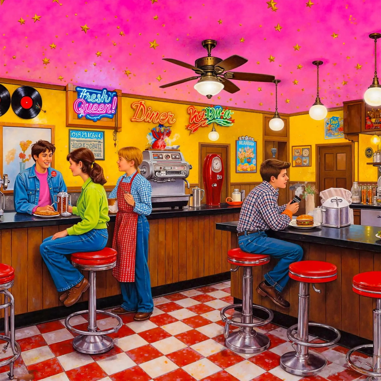 Vibrant retro soda shop with teenagers, checkered floor, yellow walls, and vintage diner counter