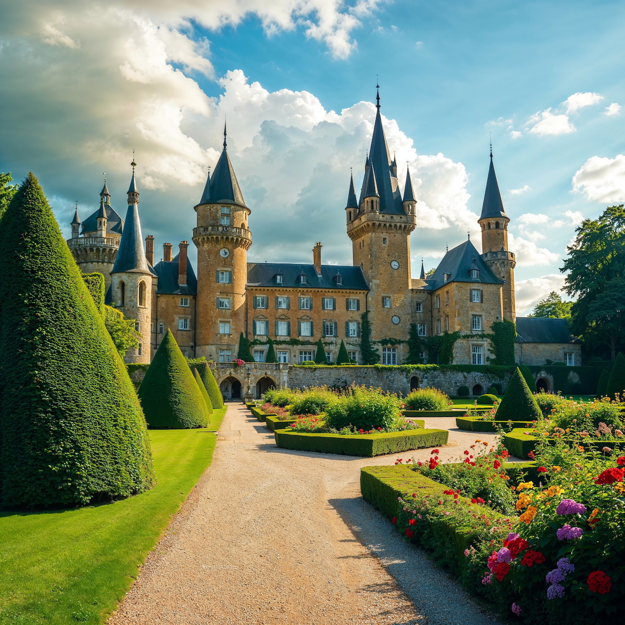 Majestic castle with towers and formal gardens with colorful flowers and sculpted hedges
