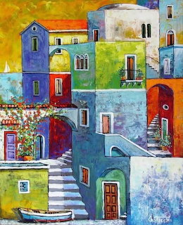 Colorful painting of a Mediterranean village with stacked houses, stairs, and boats