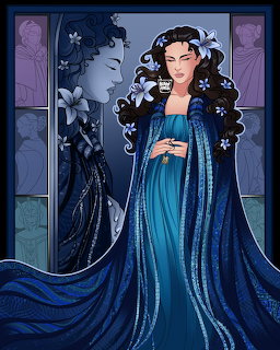 Woman in ornate blue funeral gown with jeweled headdress and white flowers against decorative paneled background