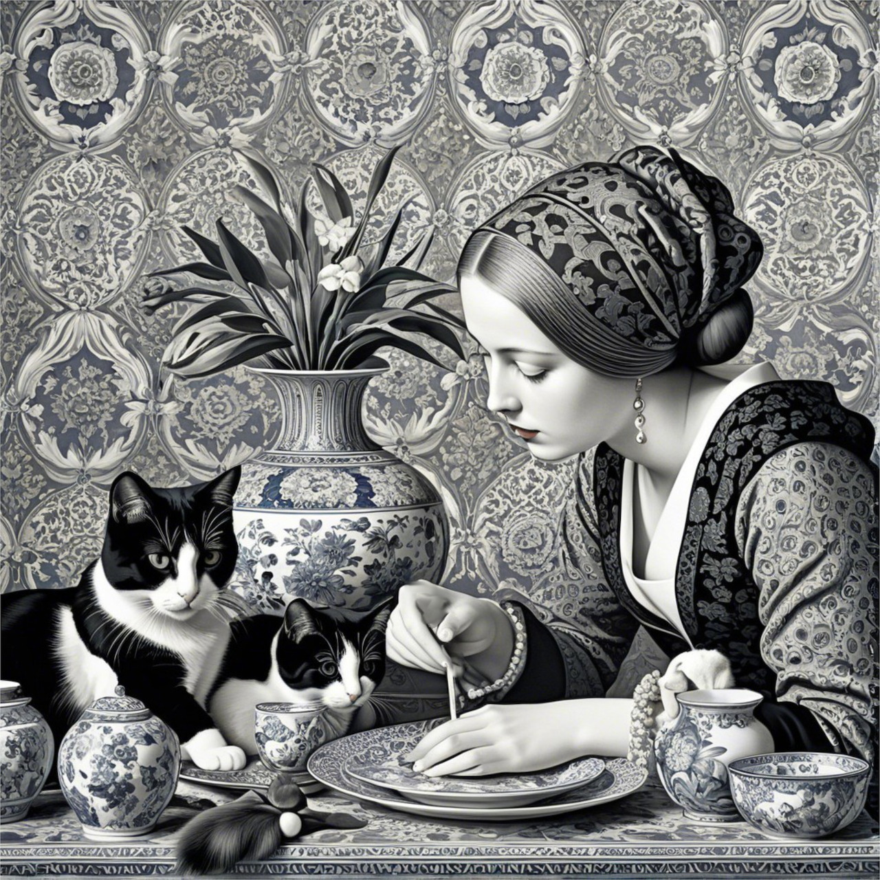 Vintage style illustration of woman at table with black and white cats against ornate wallpaper