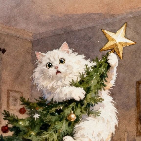 White fluffy cat reaching up to put a star on top of a Christmas tree